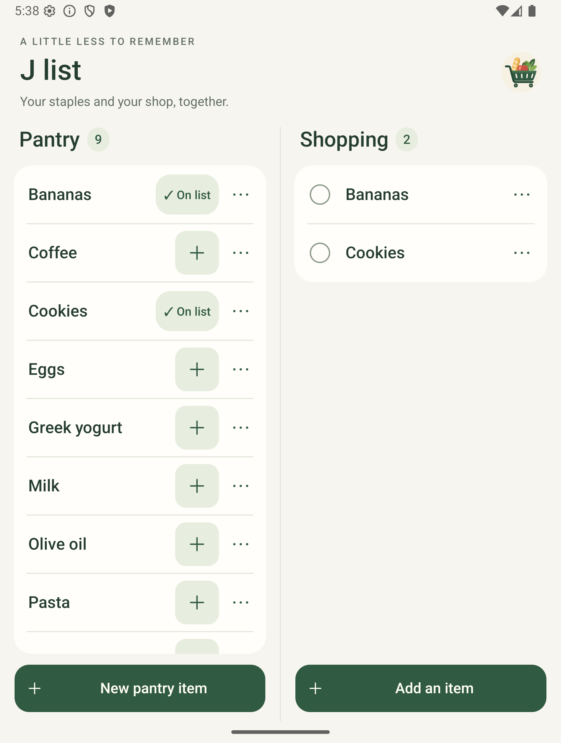 J list actual Android interface with Pantry and Shopping side by side, showing sample groceries.